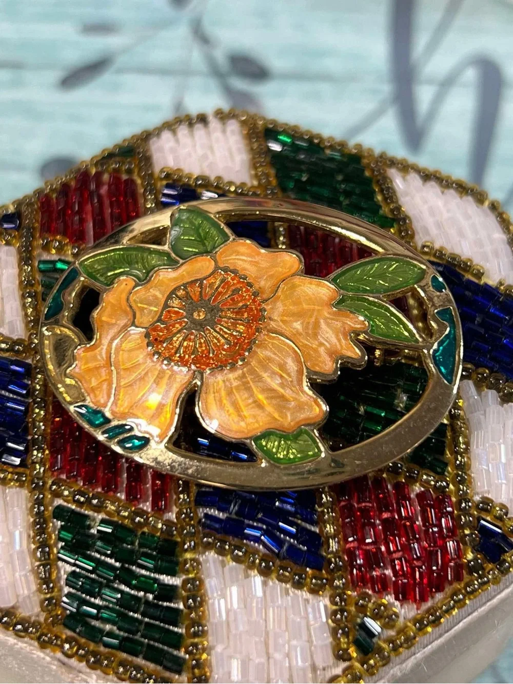 vintage cloisinee enamel gold tone brooch